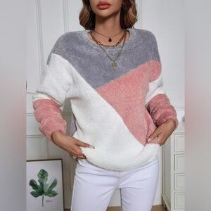 Color Block Fuzzy Knit Sweatshirt